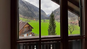 Une vue depuis une fenêtre d’un bâtiment à la structure en bois, avec un champ verdoyant et des montagnes en arrière-plan.