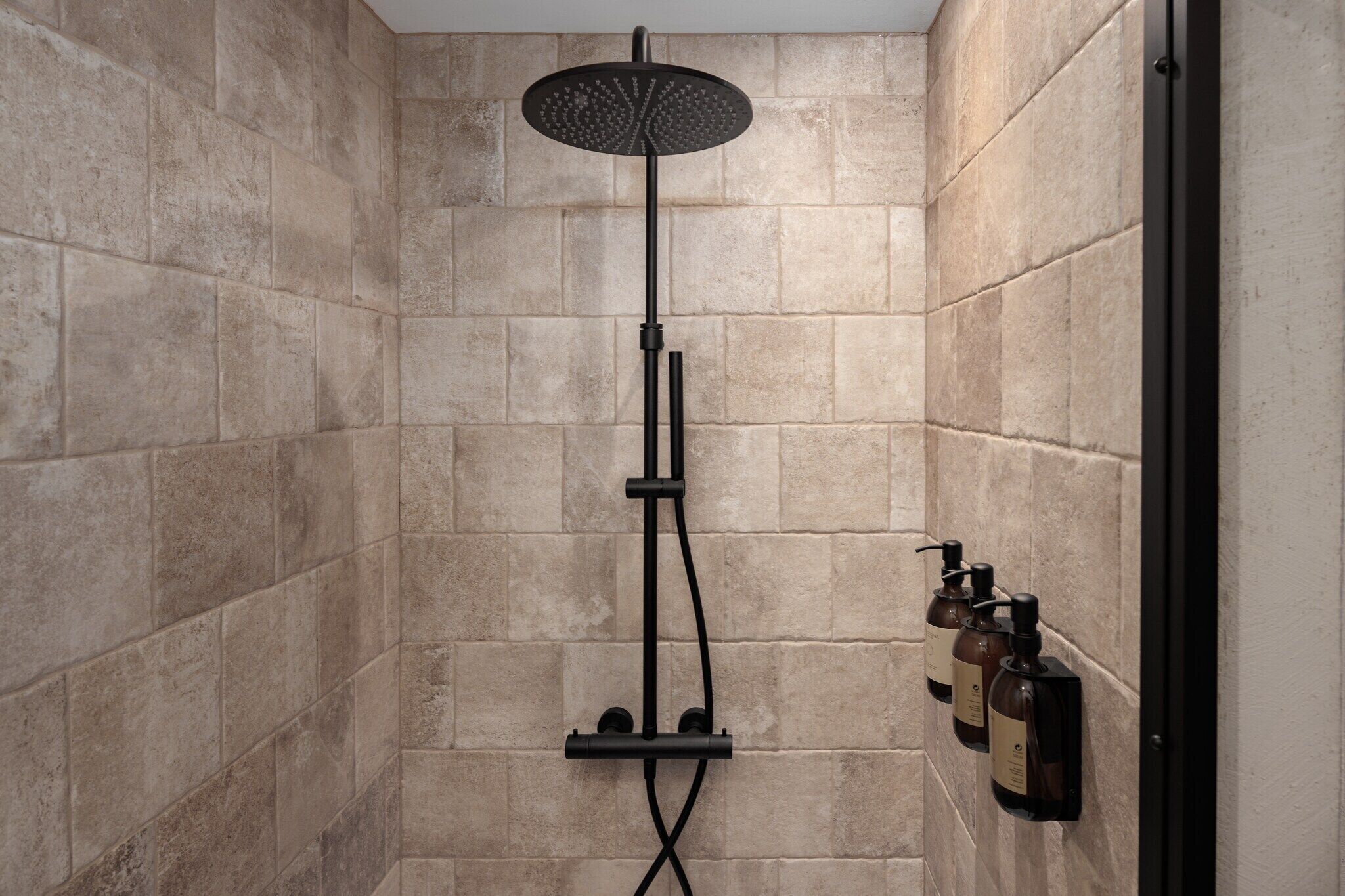 A shower area with a rain showerhead, a handheld showerhead, and a wall-mounted soap dispenser.