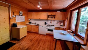 A wooden cabin kitchen with a stove, sink, and cabinets. - Alpine Hut in Murau near Ski Slope (St. Lorenzen ob Murau)
