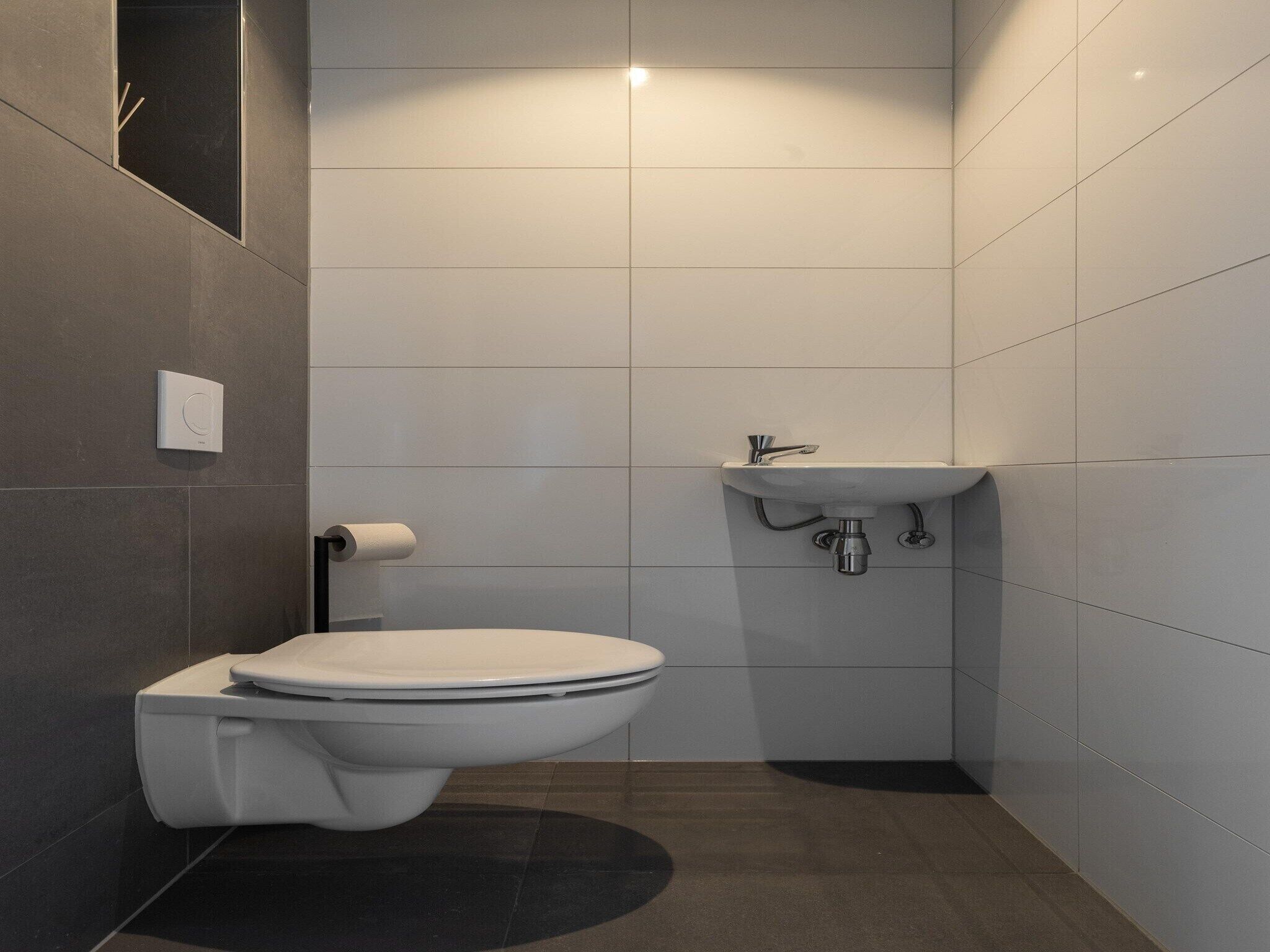 Ein modernes Badezimmer mit Toilette, Waschbecken und Toilettenpapierhalter.
