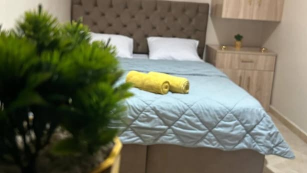 A bedroom with a bed, a nightstand, a potted plant, and a wooden wardrobe. - Fontana apartamento3 (Tanger)