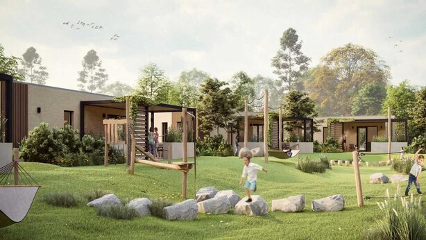 A modern outdoor area with wooden structures, a grassy lawn, and large rocks. - Holiday Home in Veluwe near Nature Park (Voorthuizen)