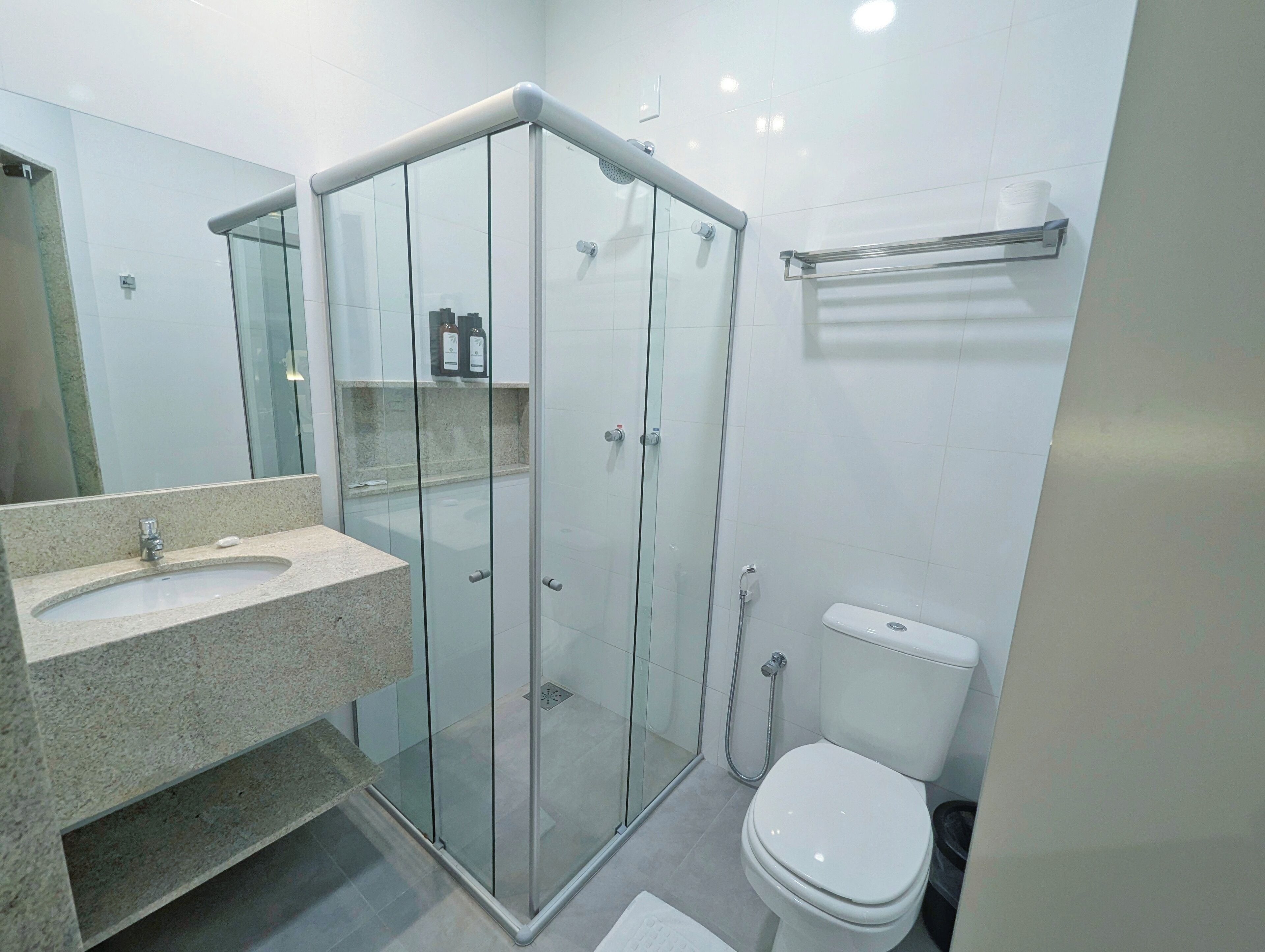 Hair dryer, towels, soap, shampoo