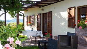 Un patio con mobiliario exterior, una mesa y plantas en macetas.