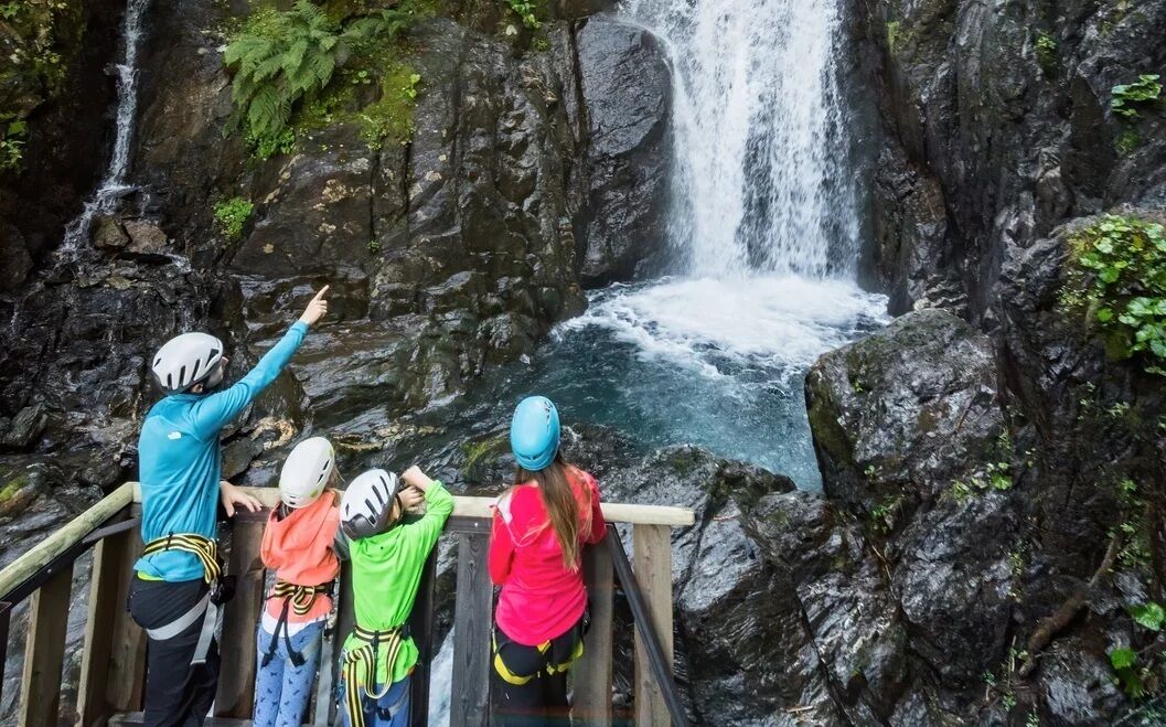 Un gruppo di persone su una scala di legno con vista su una cascata.