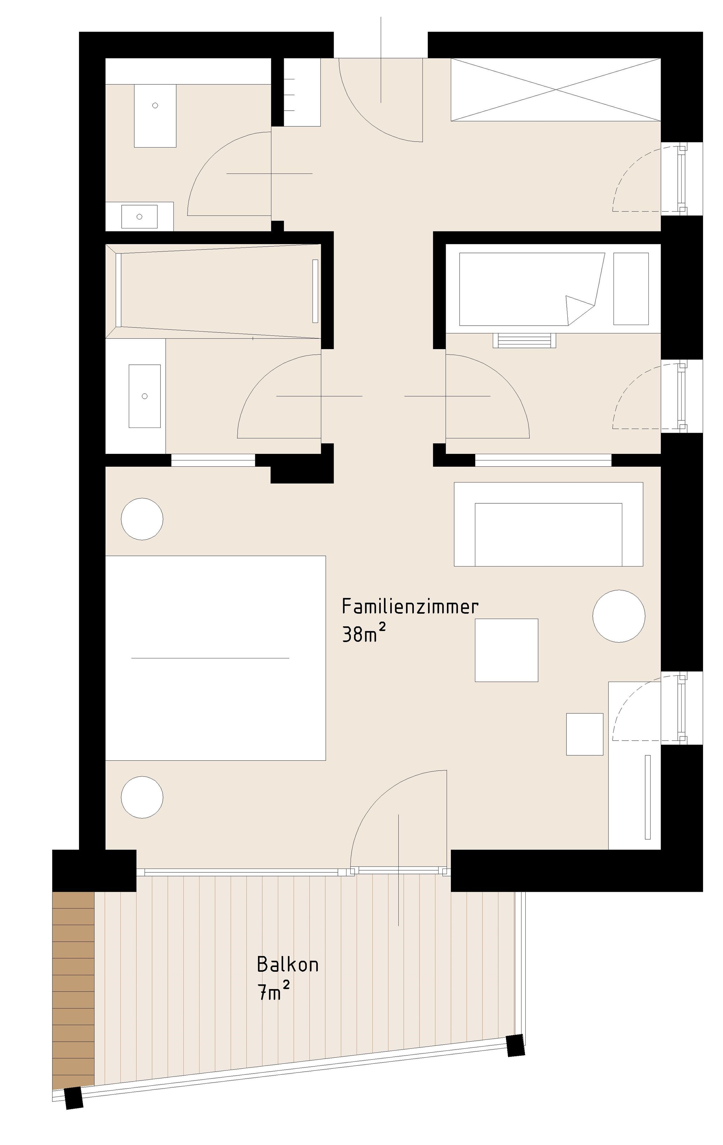 Ein Grundriss eines Familienzimmers mit 38m² und einem Balkon von 7m².