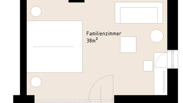 Ein Grundriss eines Familienzimmers mit 38m² und einem Balkon von 7m².