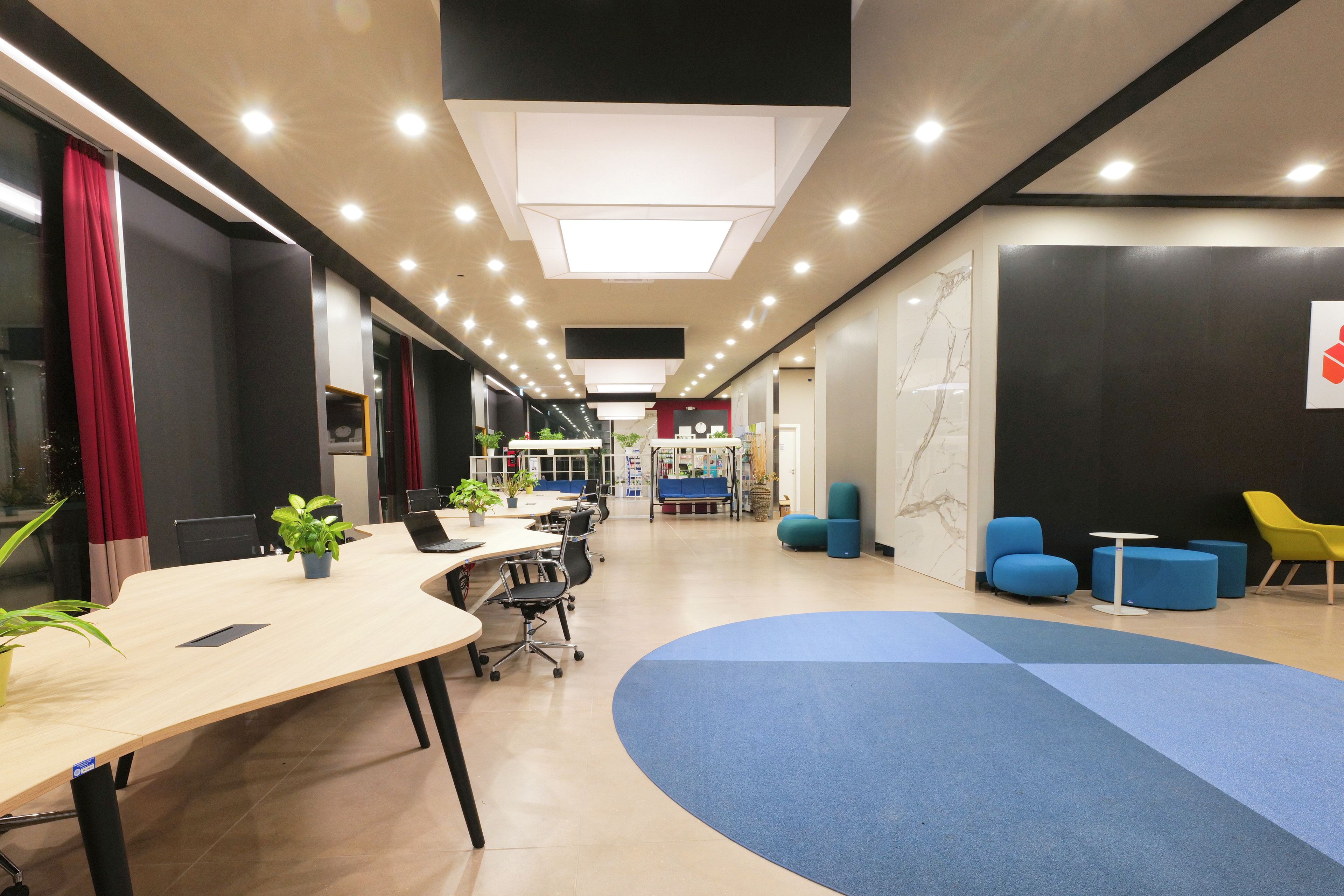 A modern office space with a long table, chairs, and a blue carpeted area.