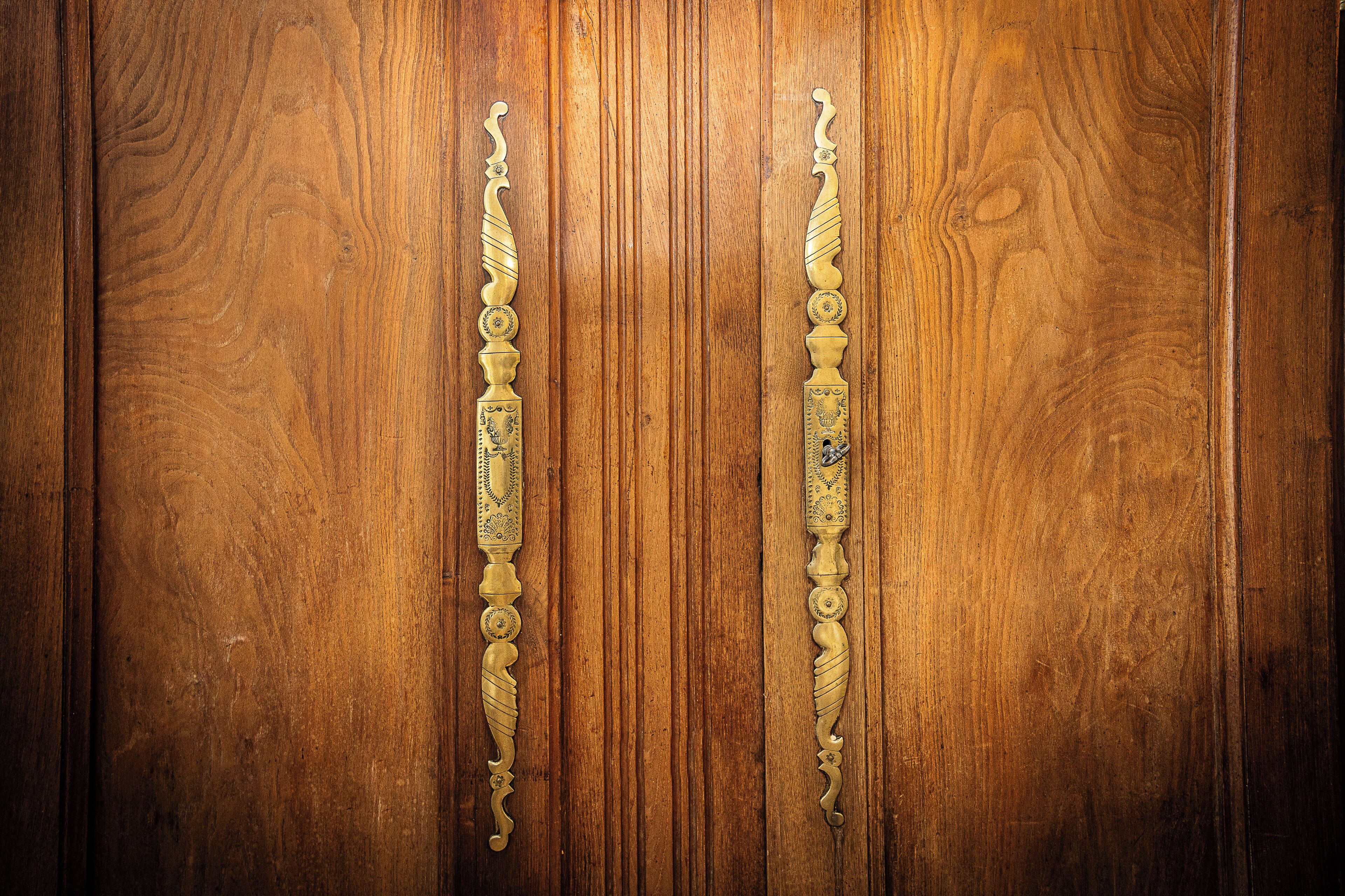 A wooden door with ornate brass handles.