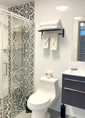Shower, towels, soap, toilet paper