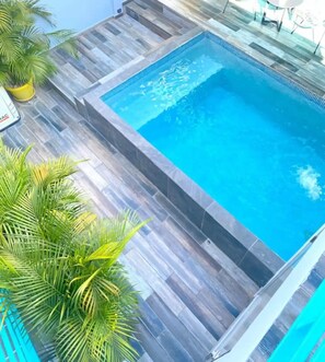 A rectangular swimming pool with a tiled deck, surrounded by potted plants.