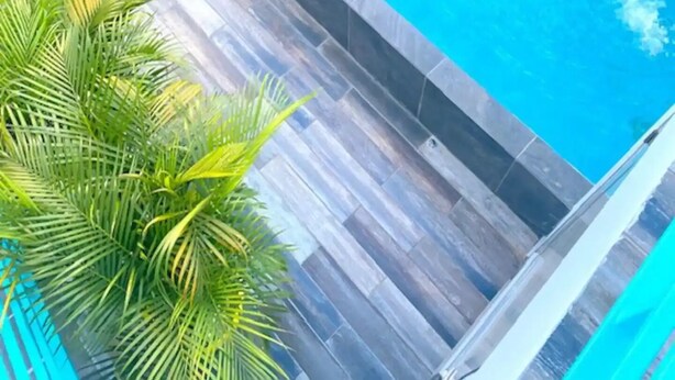 En rektangulär swimmingpool med ett kaklat poolområde, omgiven av krukväxter.