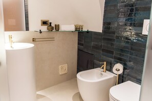 Shower, hair dryer, bidet, towels