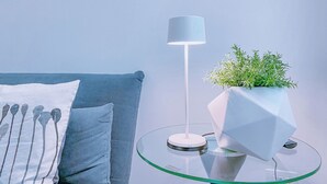 Une pièce moderne avec un canapé bleu, un coussin blanc à motifs, un lampadaire blanc et une table en verre sur laquelle est posée une plante blanche.