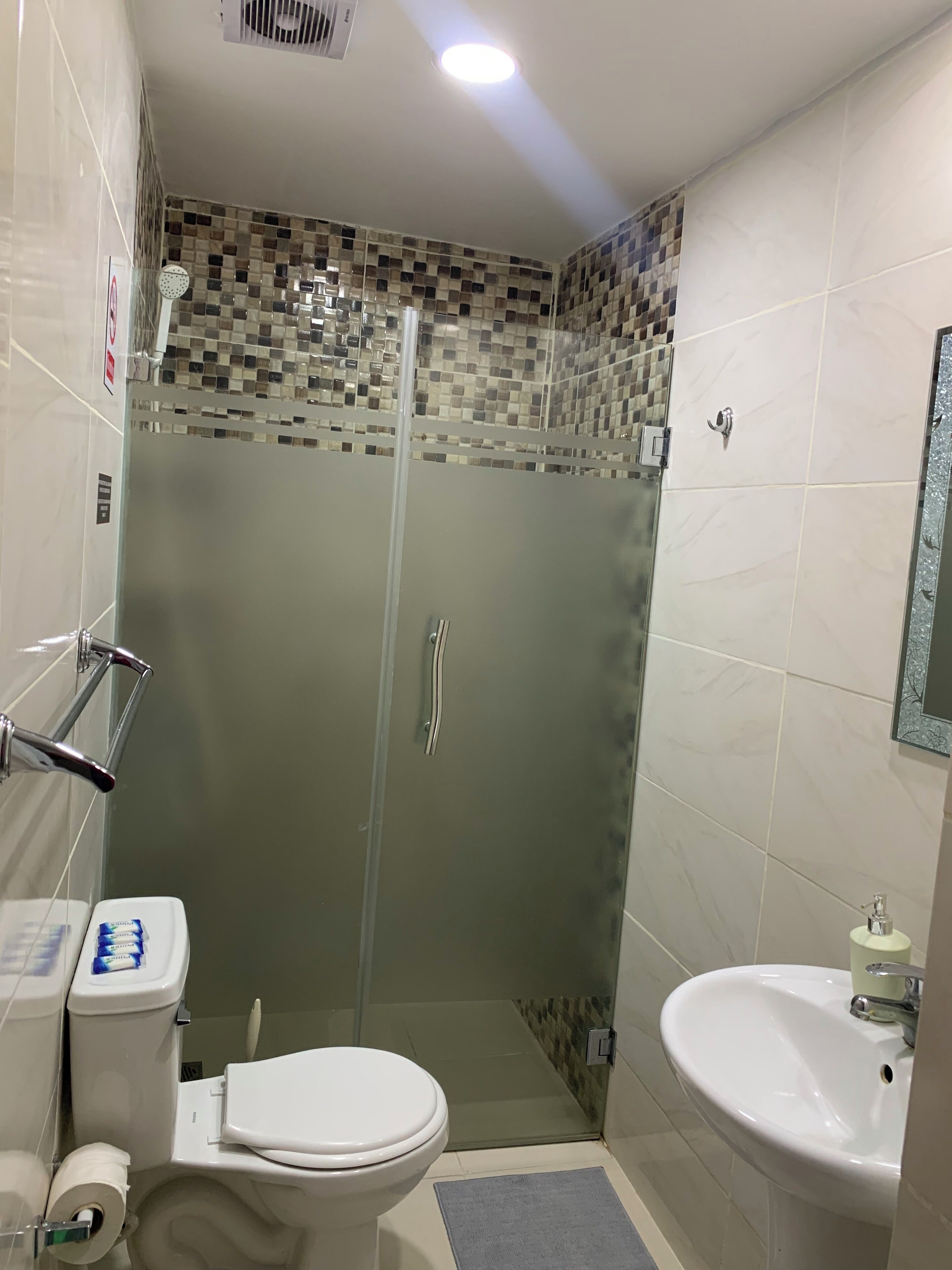 Une salle de bain comprenant des toilettes, une douche et un lavabo.