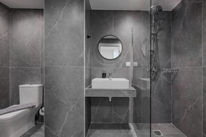Douche, séchoir à cheveux, serviettes fournies, shampooing