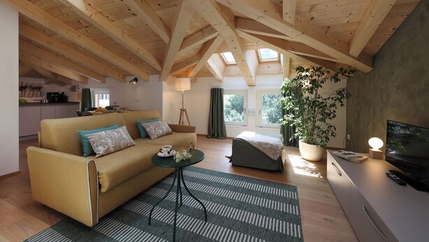 A cozy living room with a sofa, a coffee table, a TV, and a large window. - Nine Rooms Apartment (Trento)