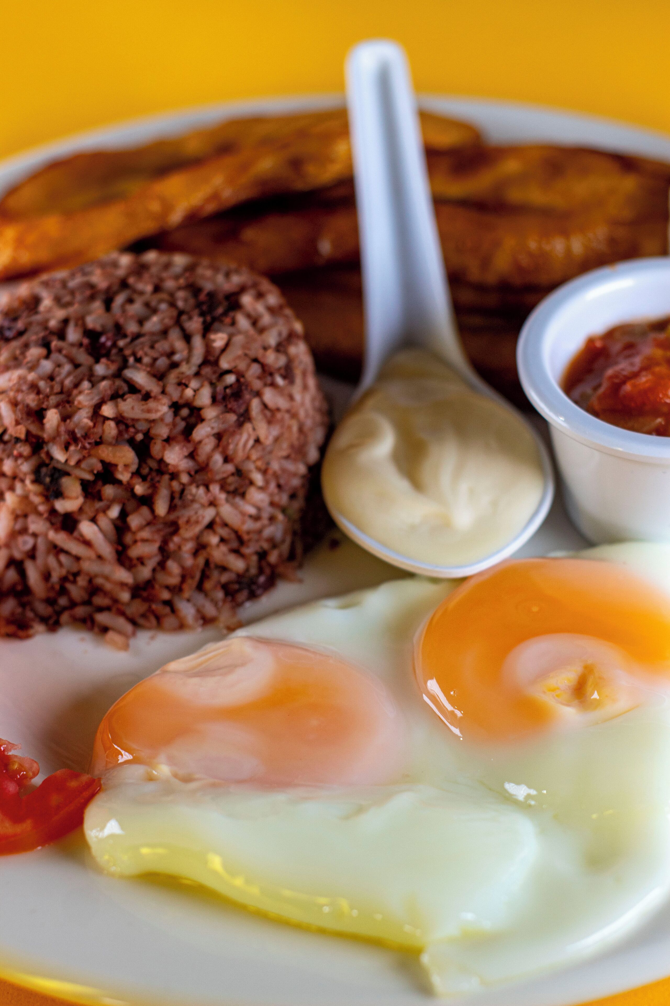 Un plato con arroz frito, dos huevos estrellados, un trozo de pollo frito y dos recipientes pequeños con salsas.