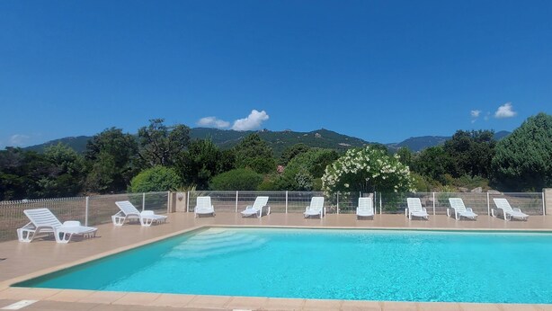 A rectangular swimming pool with white lounge chairs arranged in two rows. - Mini villa with private garden - Residence with swimming pool Lecci near Porto-Vecchio (Lecci)