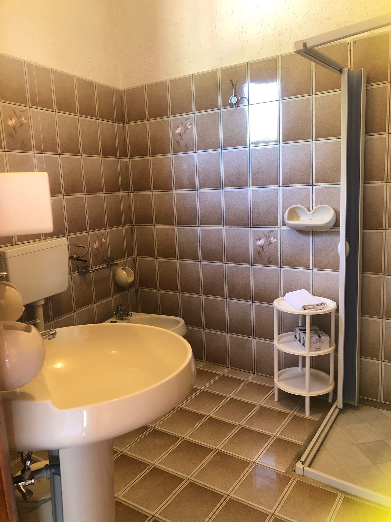 Baño con lavamanos, inodoro y zona de ducha.