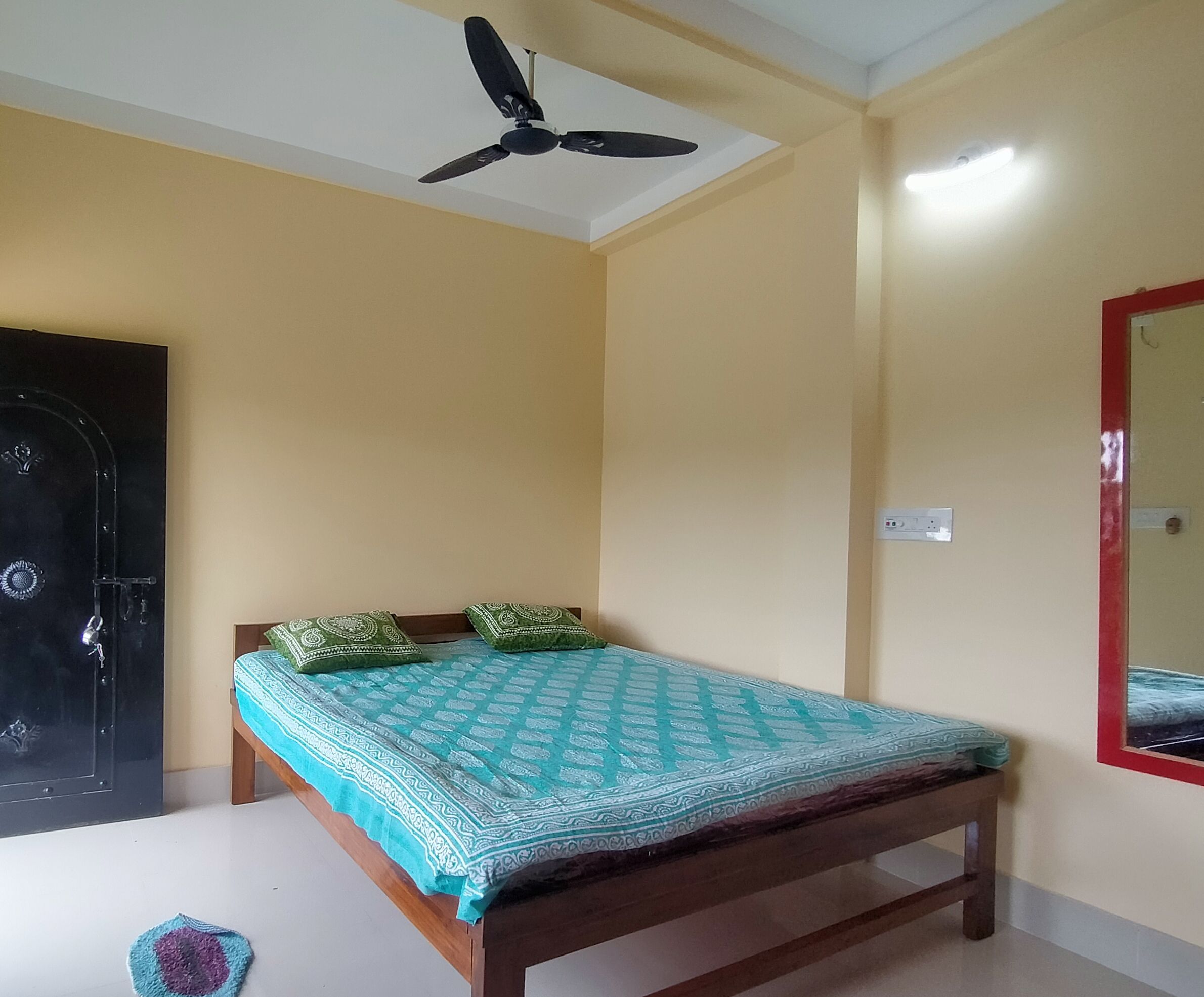 A bedroom with a bed, a ceiling fan, a door, and a wall-mounted mirror.