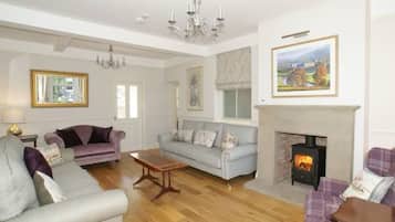 Smart TV, fireplace, books, stereo