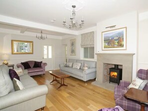 Smart TV, fireplace, books, stereo