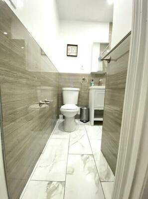 Hair dryer, towels, soap, toilet paper