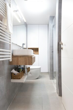 Shower, eco-friendly toiletries, hair dryer, towels