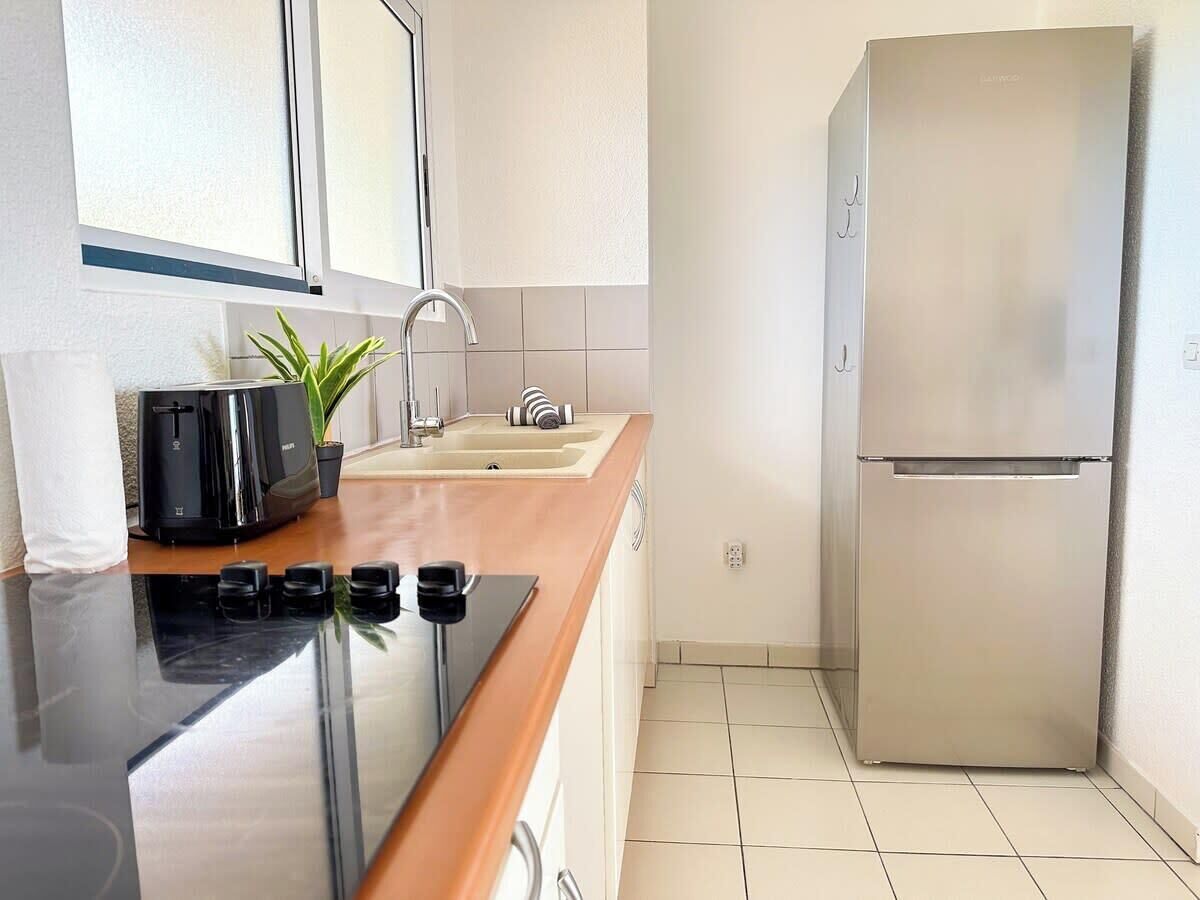 Una cocina moderna con estufa negra, lavamanos, refrigerador de acero inoxidable y una planta en maceta sobre la encimera.
