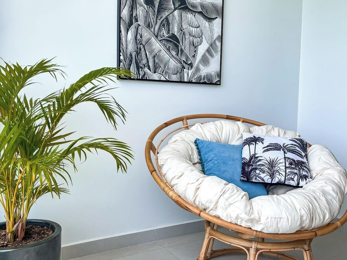 A room with a rattan chair, a potted plant, and a wall-mounted artwork.