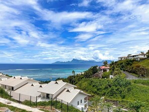 A coastal residential area with houses, a road, and a view of the ocean and a mountain.
