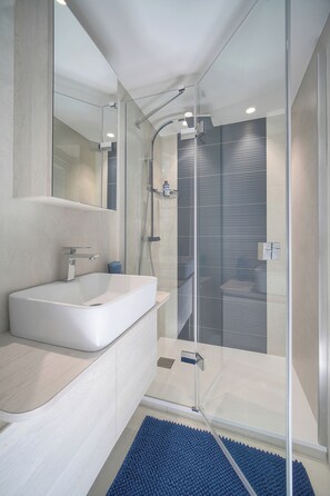 Douche, séchoir à cheveux, serviettes fournies, savon
