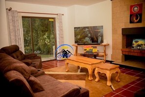 Una Smart TV, una chimenea, libros, un reproductor estéreo