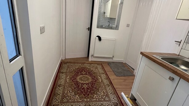 Un pasillo estrecho con un sendero estampado, una puerta blanca, un espejo y una zona de cocina con un lavabo y armarios.