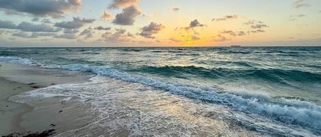 Plage à proximité, chaises longues, parasols, serviettes de plage
