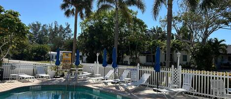 A swimming pool with lounge chairs and umbrellas, surrounded by palm trees and a white picket fence.