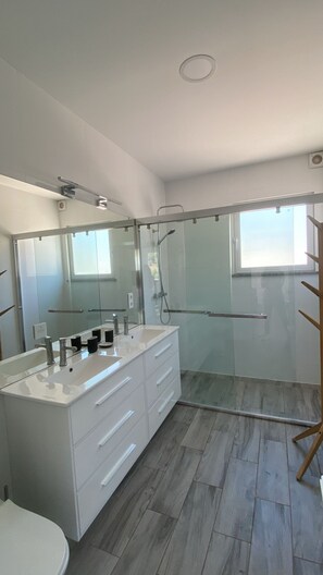 Shower, hair dryer, towels