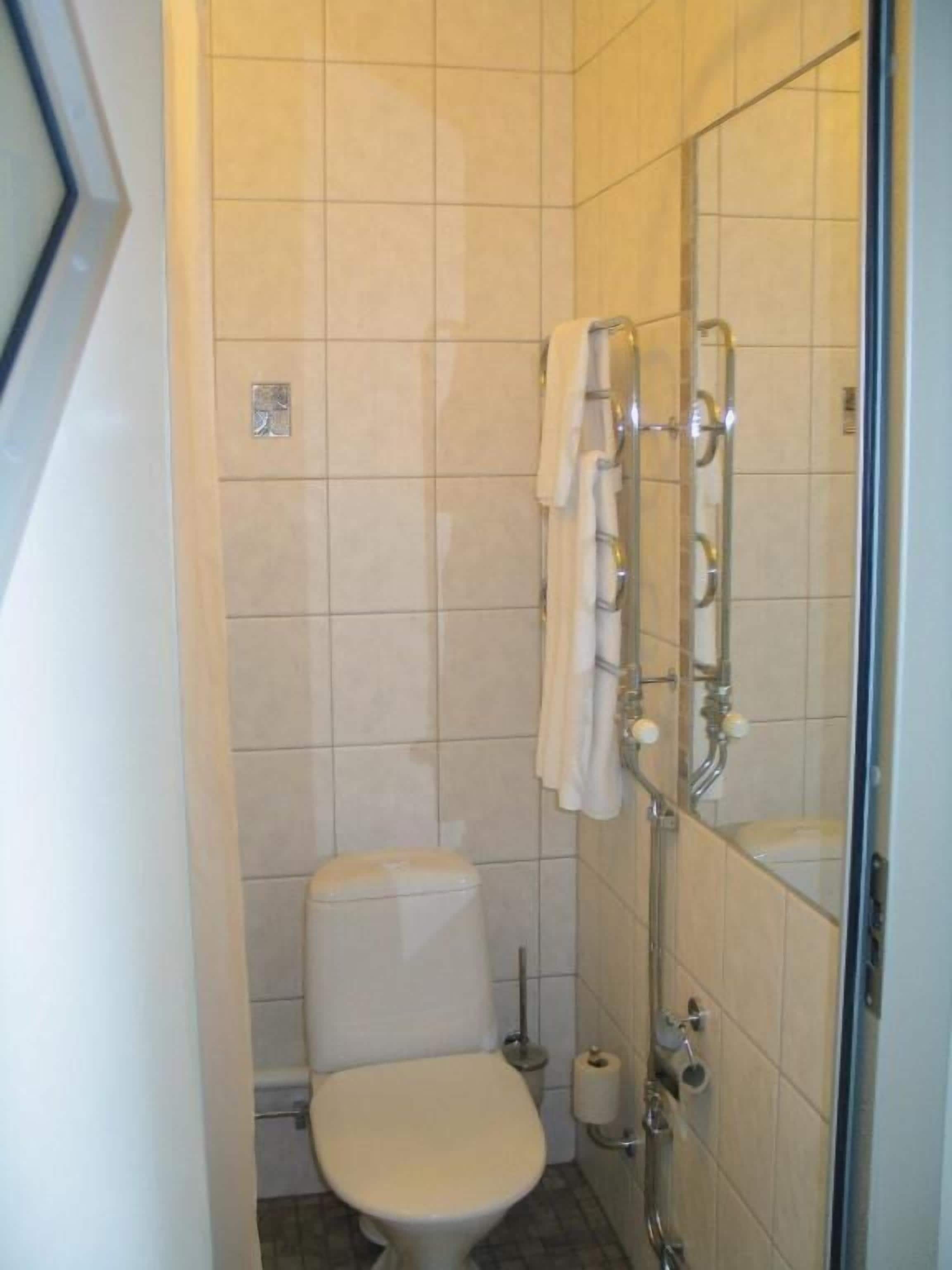Un bagno piccolo rivestito di piastrelle, con il water, una doccia e un box in vetro.