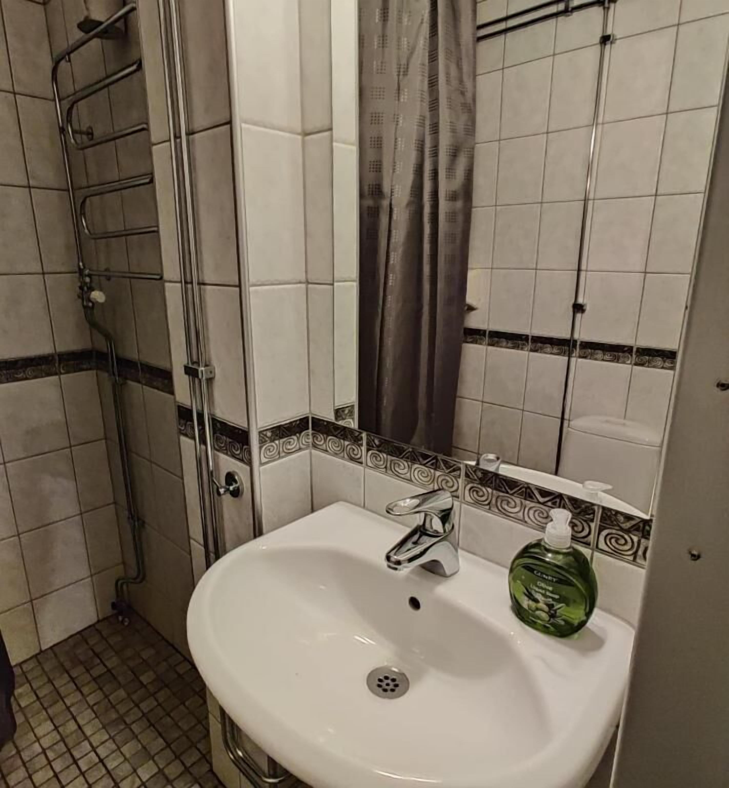 A bathroom with a white sink, a mirror, and a shower area.