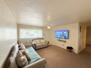 TV connectée, cheminée, livres