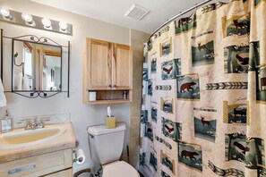 Hair dryer, towels, soap, toilet paper