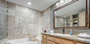 Jetted tub, hair dryer, towels, soap