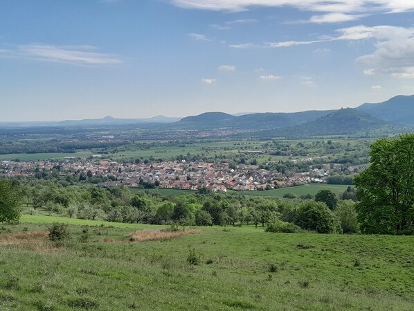 Vista panorâmica de uma cidade aninhada num vale, com colinas ondulantes ao fundo.