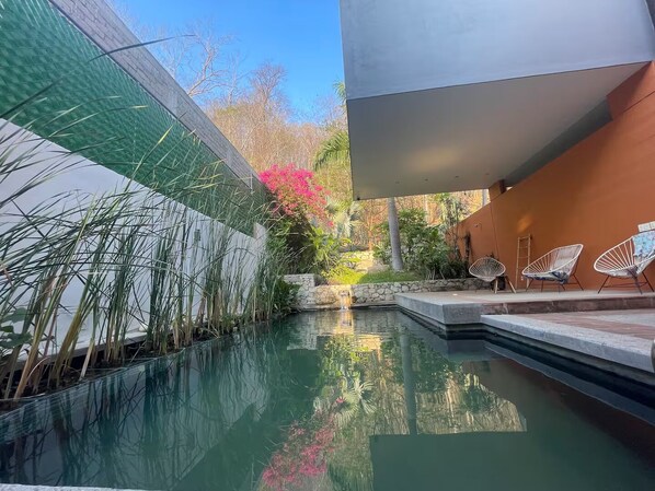 A modern outdoor pool area with clear water, surrounded by greenery and a stone wall.