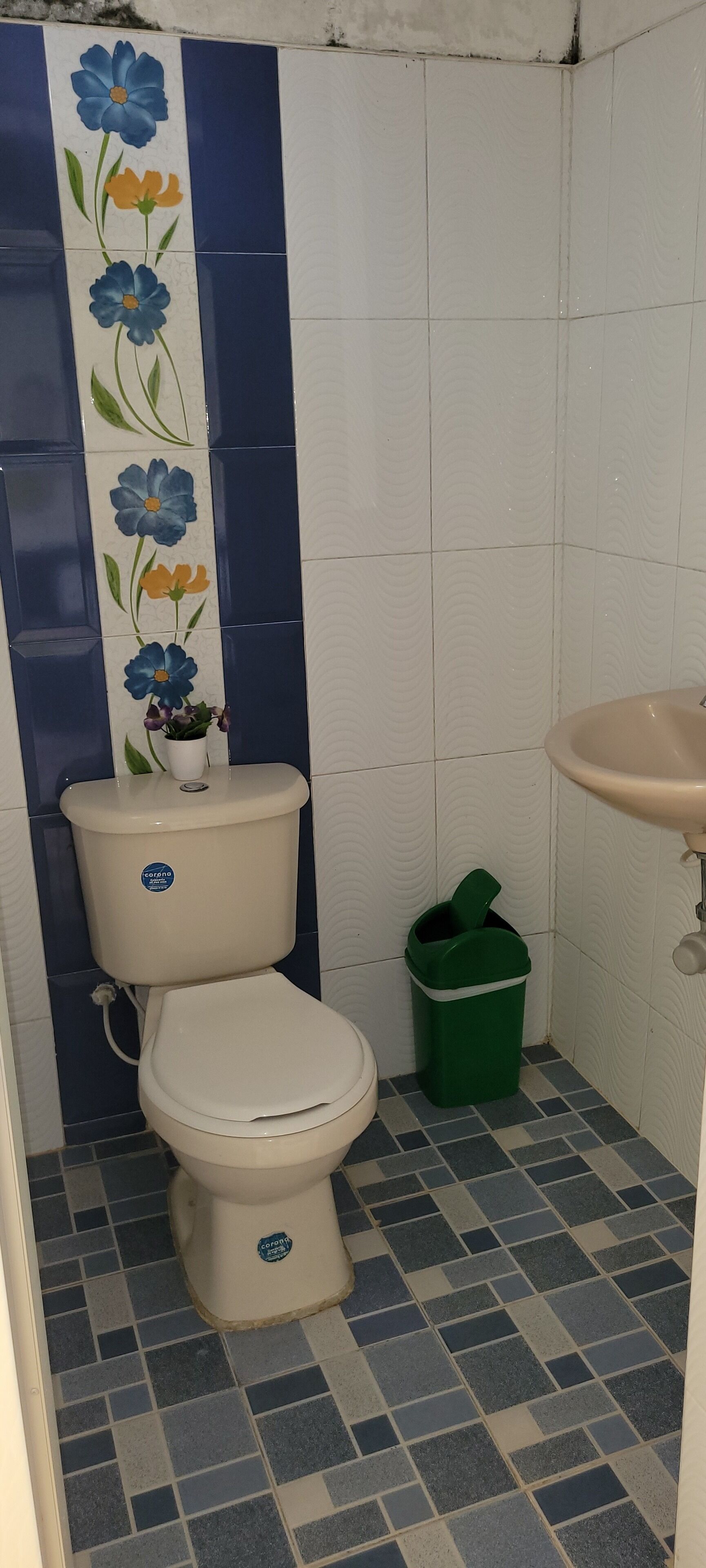 Een badkamer met een toilet, een groene prullenbak en een wastafel.