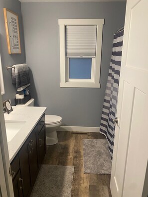 Hair dryer, towels, soap, toilet paper