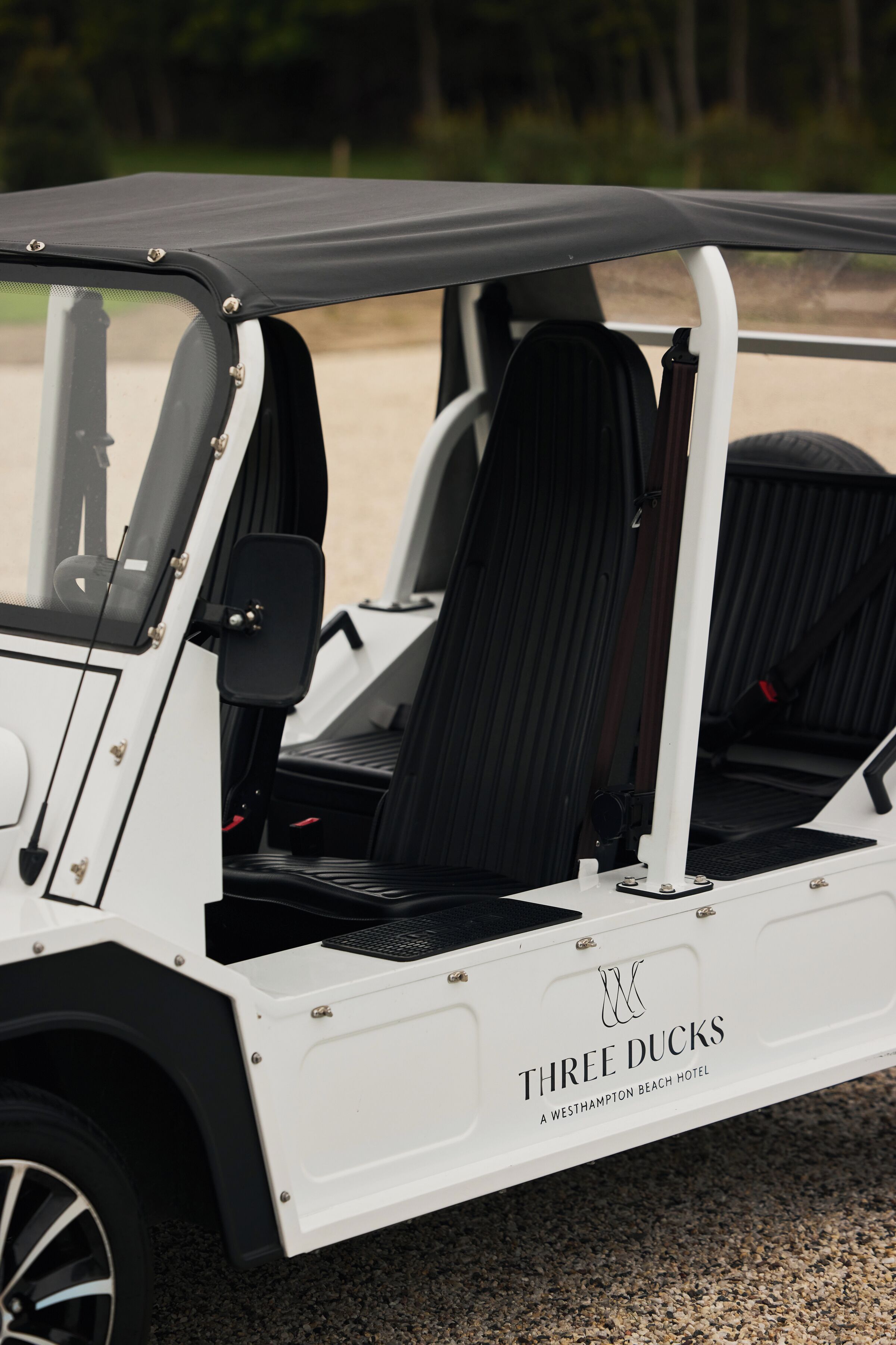 A golf cart with a black roof and white body, labeled "Three Ducks" with a logo above the text.