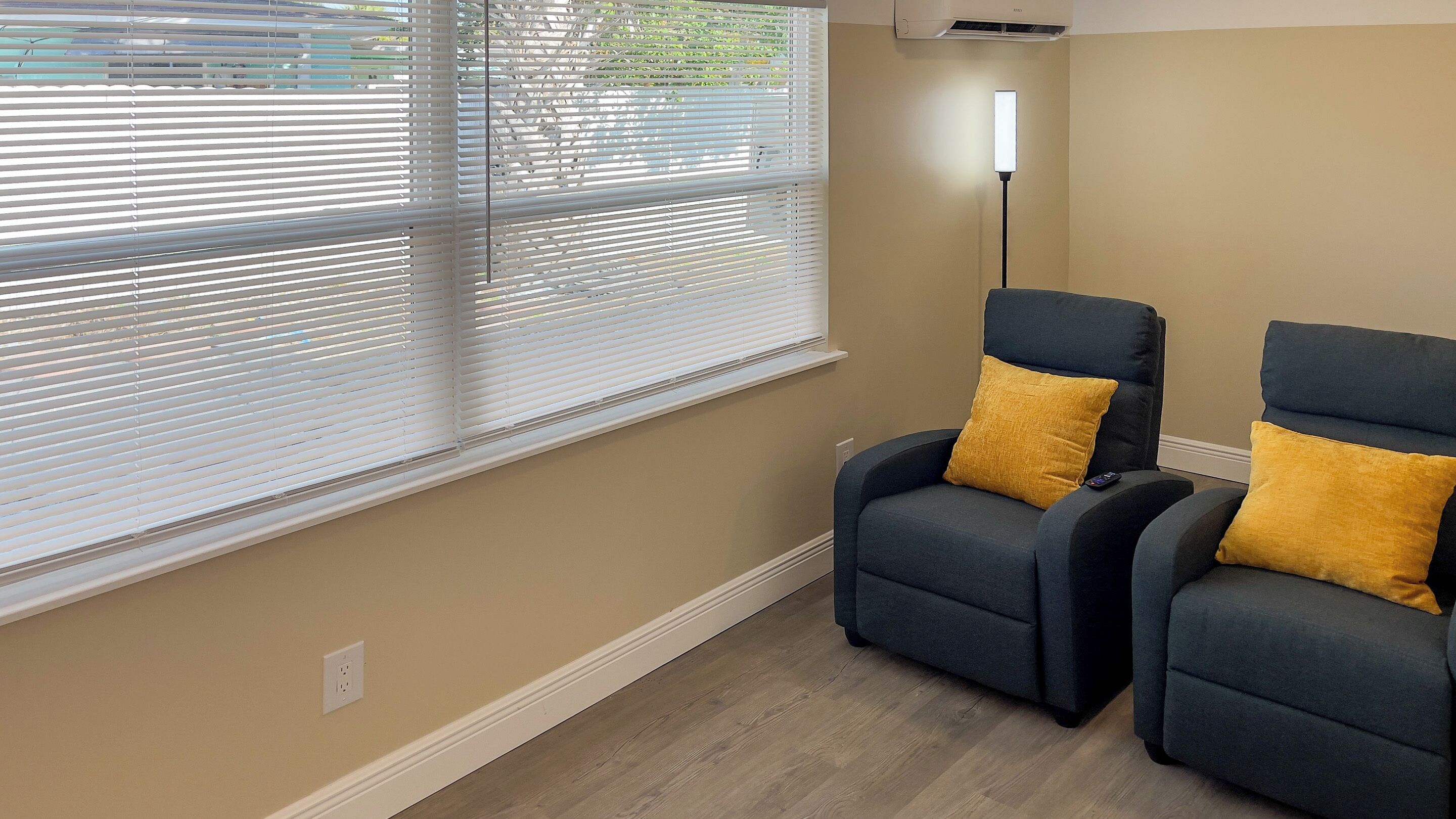 A room with two dark armchairs with yellow cushions, a standing floor lamp, and a window with blinds.