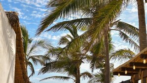 A beach setting with palm trees, a swing set, and a thatched structure. - Norock Club and Beach (Copala)